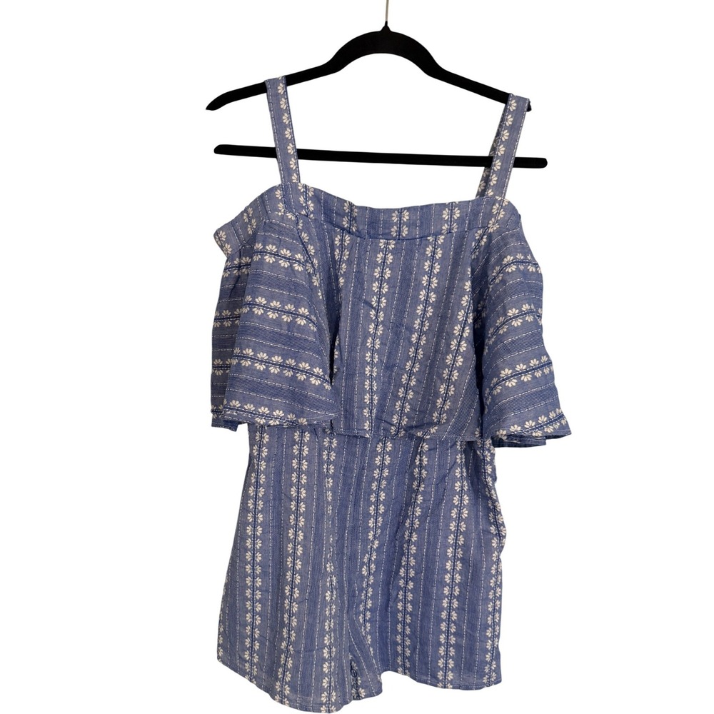 Current Project Blue White Floral Striped Cold Shoulder Ruffle Romper‎ Womens M
